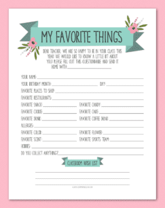 favorite things teacher questionnaire