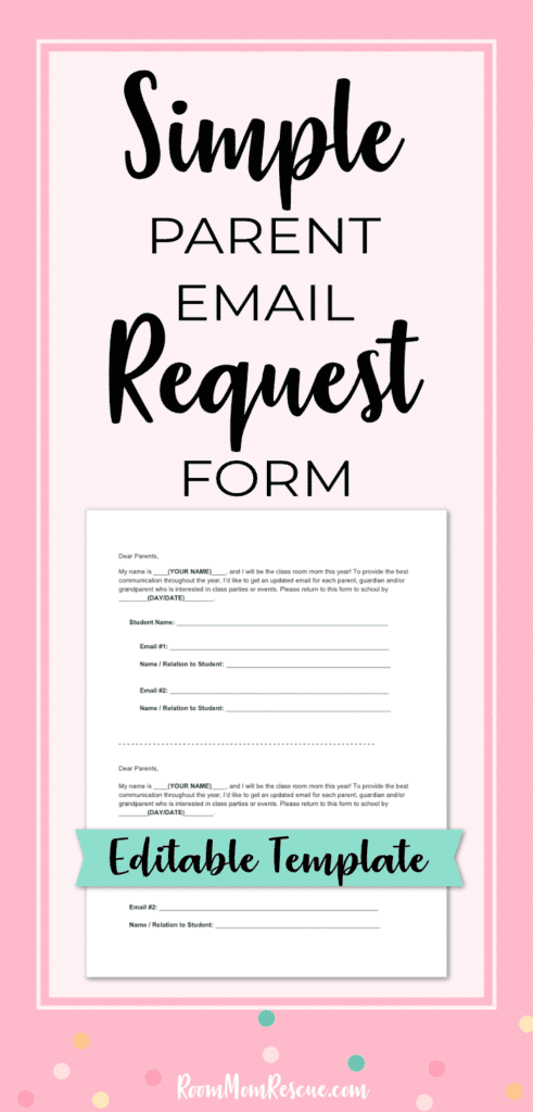 One of your responsibilities as room mom is to contact parents by email about class parties, teacher gifts, and upcoming events. Start the year off right by getting this free contact form template to request updated parent emails in a snap! Repin and get the Room Moms Quick Start Guide at: www.roommomrescue.com #roommom #roomparent #roommomrescue
