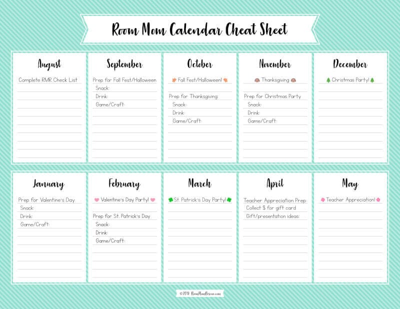 A complete calendar for the entire school year to keep you up to speed with class parties and projects. Get access at roommomrescue.com!