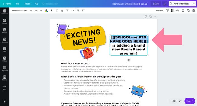 screenshot of Canva template showing how to edit the room parent sign up template