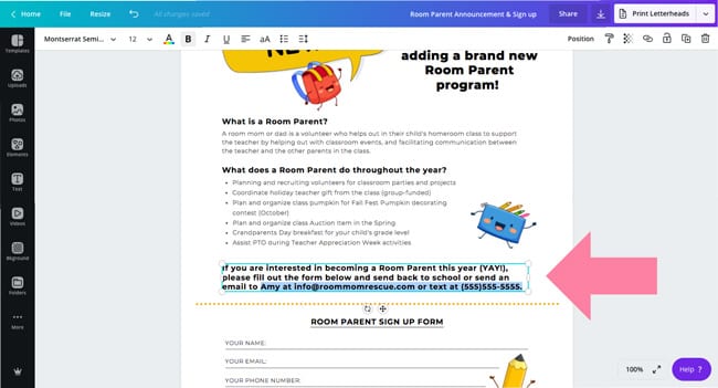 room parent program form