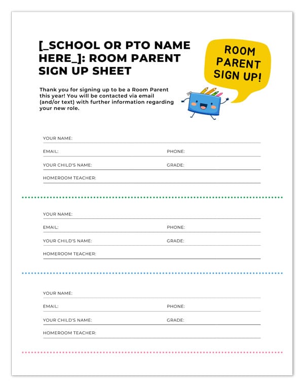 room parent signup form