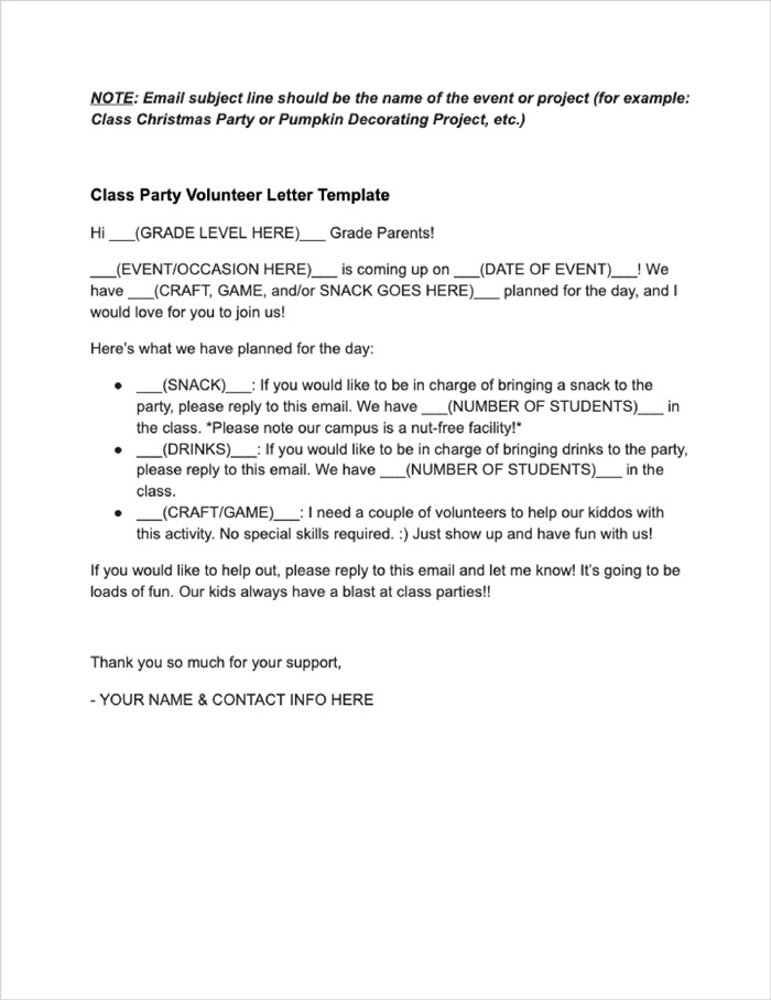 Room Parent Volunteer Letter Template