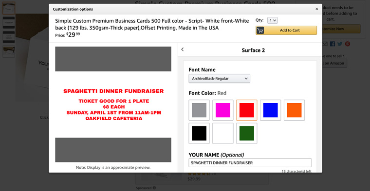 how to make spaghetti dinner fundraiser tickets screenshot of customization screen