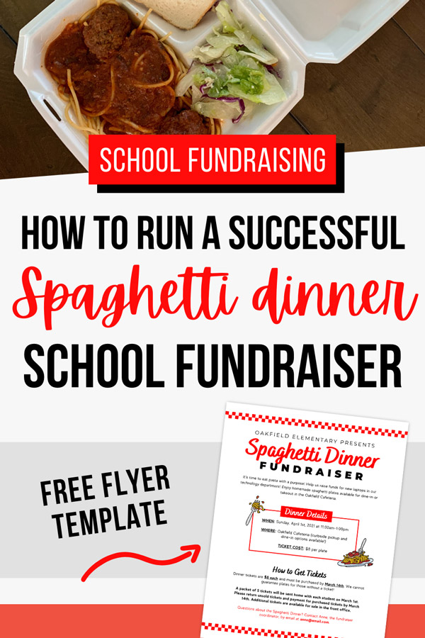 text overlay: school fundraising, how to run a spaghetti dinner
school fundraiser; with a mockup of the free flyer template, with a spaghetti plate in the background