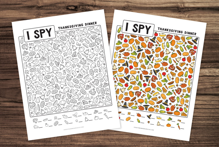 thanksgiving I spy coloring page (black and white) with full color version