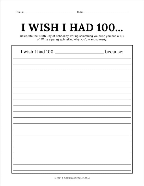 100th day of school writing prompts