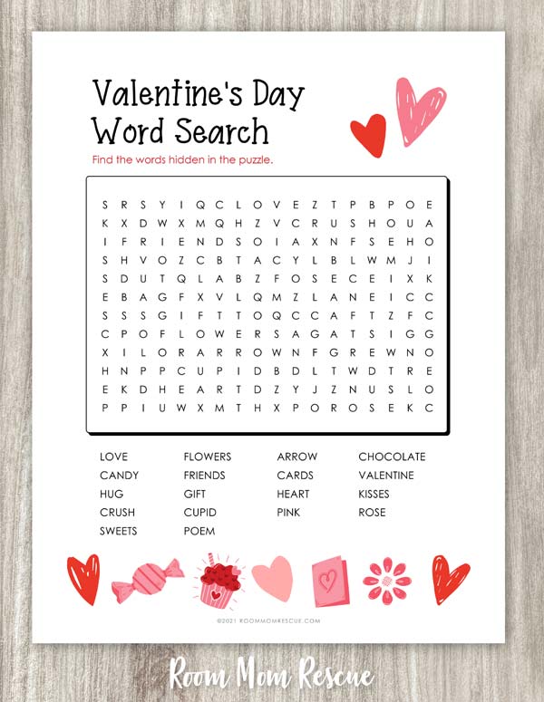printable puzzle features a grid filled with letters, hiding a variety of Valentine-themed words