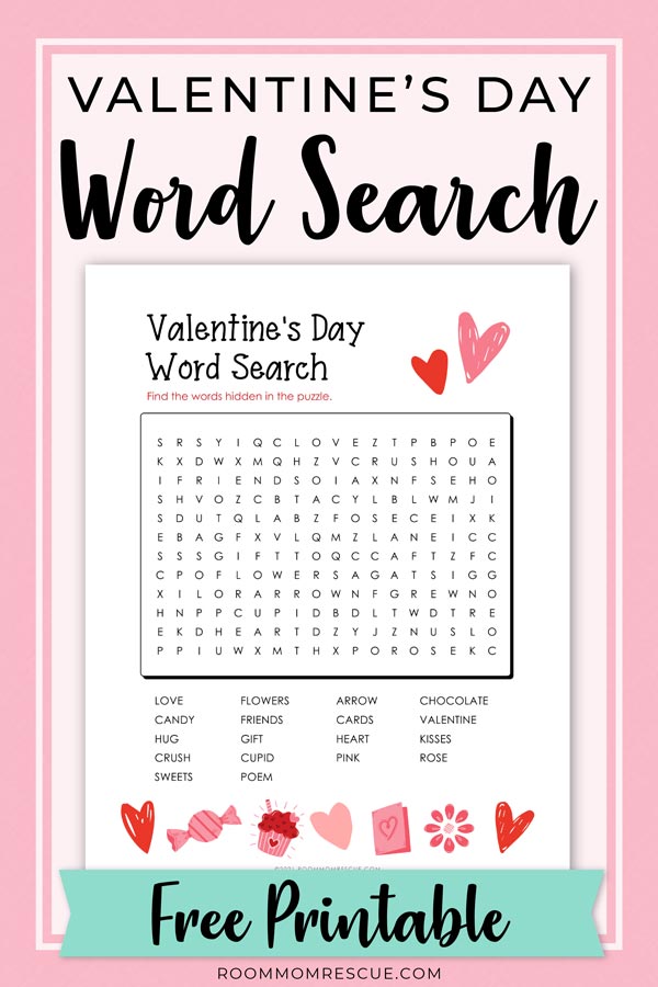 printable puzzle features a grid filled with letters, with hidden words related to Valentine's Day