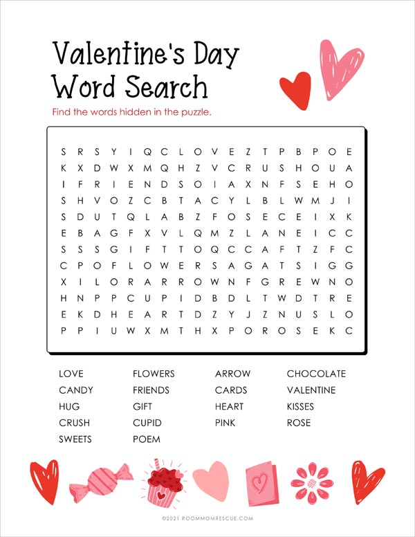 printable puzzle presents a grid filled with letters, concealing a collection of Valentine-themed words to be discovered