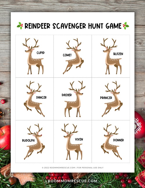 Printable mockup of Reindeer Scavenger Hunt Christmas Game for Kids with Santa's 9 reindeer on cards with their names one each
