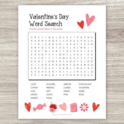 printable puzzle presents a grid filled with letters, concealing a collection of Valentine-themed words to be discovered