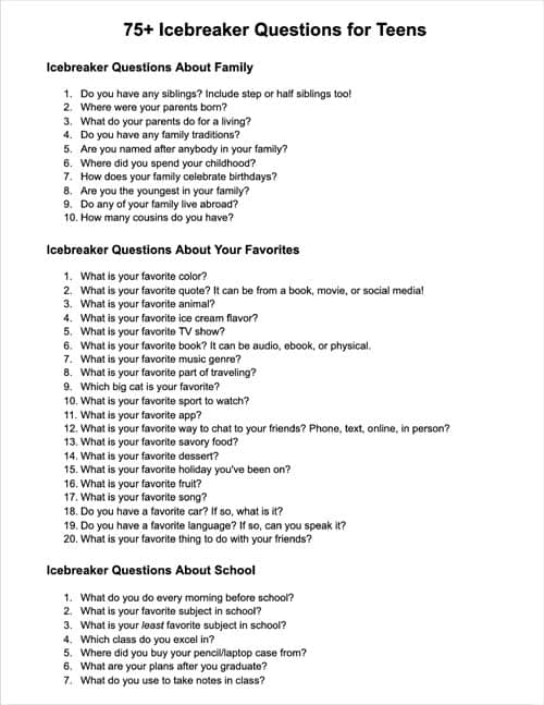 printable list of icebreaker questions for teens