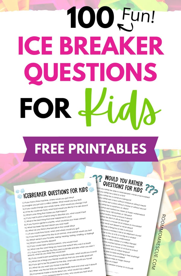 Text overlay: "100 fun icebreaker questions for kids, free printables" with mock ups of printable PDFs with colorful blocks in the background