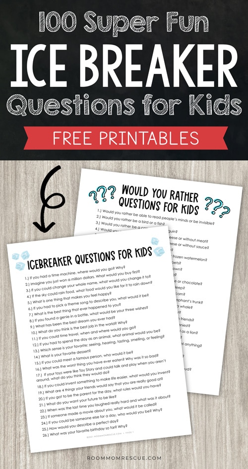 Text overlay: "100 super fun icebreaker questions for kids, free printables" with black background and mock ups of printable PDFs with light wood in the background