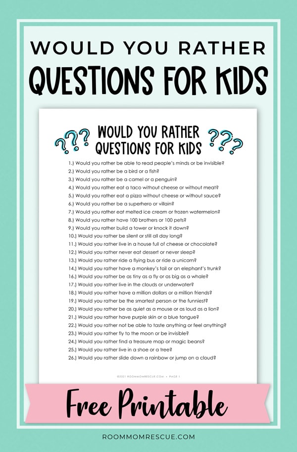 Text overlay: "Would You Rather Questions for Kids" with a mockup of the free PDF printable of would you rather questions.