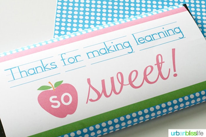 Blue and pink printable chocolate bar label pdf that says "Thanks for making learning so sweet!" to be used as a teacher appreciation gift