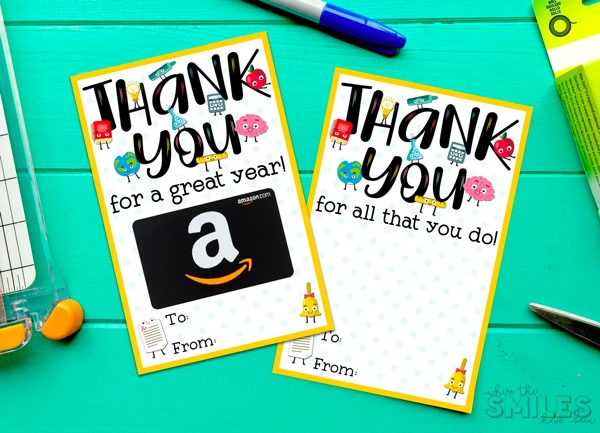Two printable thank you card printables that say, "Thank you for all that you do!" with space to attached a gift card (Amazon gift card shown as an example)