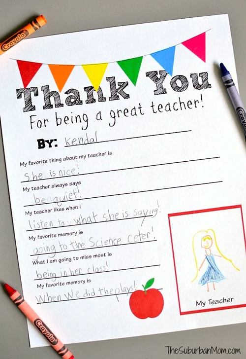 Printable PDF "Thank you for being a great teacher!" teacher appreciation worksheet