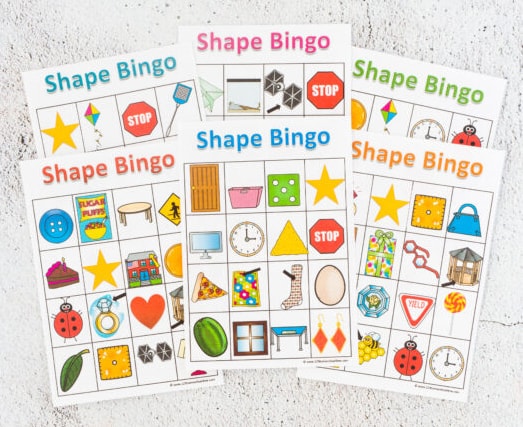 6 colorful shape bingo printables