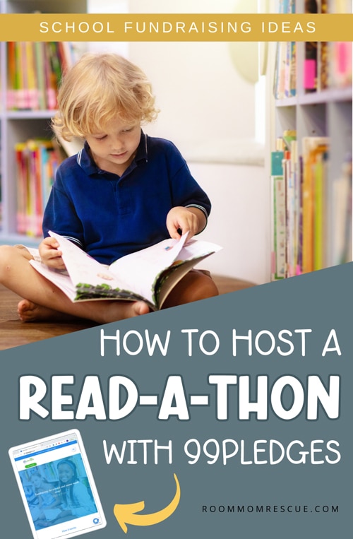 Text overlay that says "How to Host a Read-a-thon with 99Pledges" and "School Fundraising Ideas" with an image of a young boy reading a book in a library
