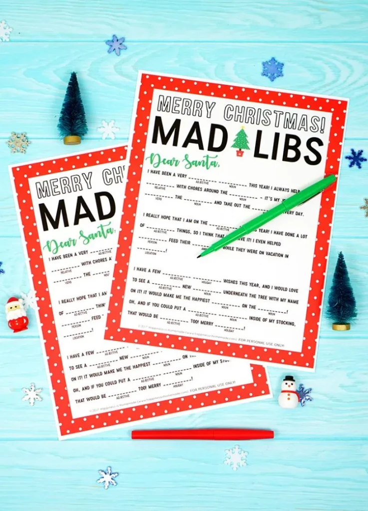 Holiday-themed graphics and prompts to inspire creativity and laughter during the festive season