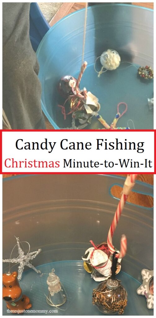Candy cane tied to a string collecting Christmas ornaments in a bucket