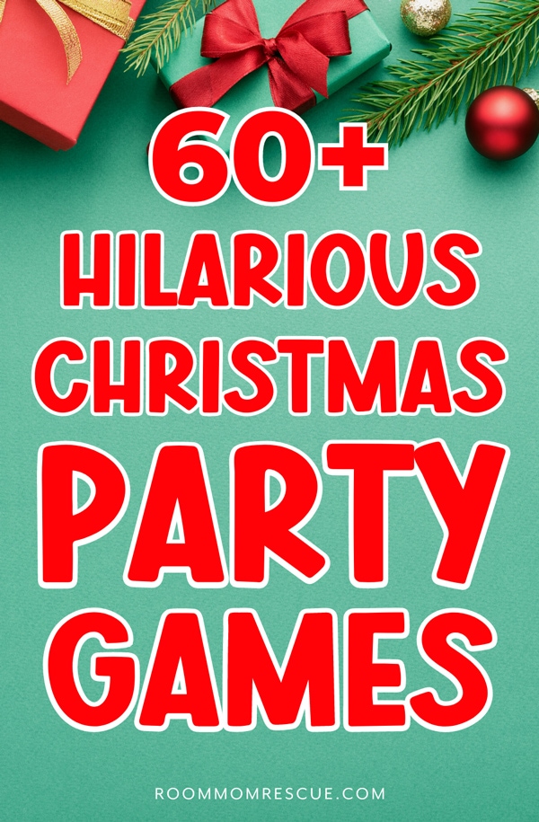 Green background with Christmas gifts and ornaments with text overlay that says "60+ Hilarious Christmas Party Games"