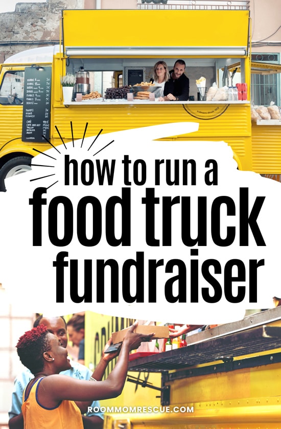 Yellow food truck with 2 vendors at the window ready to sell food for the fundraiser; text overlay that says "how to run a food truck fundraiser" and a woman receiving a meal from a food truck window below the text overlay