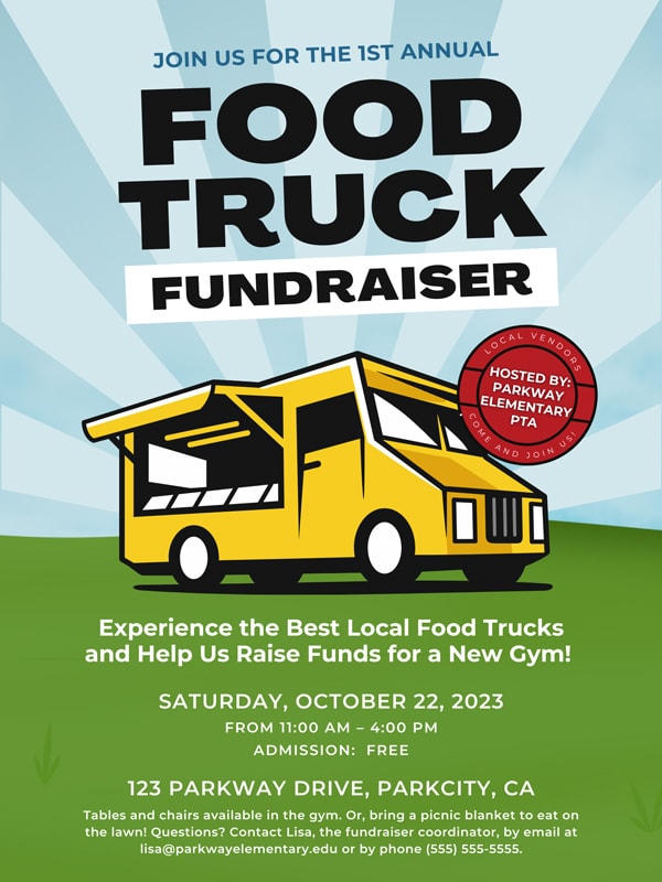 food truck fundraiser school flyer template with yellow food truck and sample event details listed on the poster 